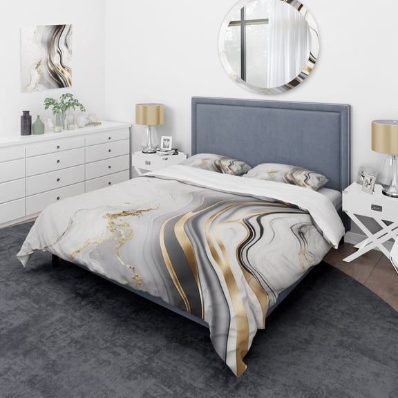 Designart "Grey Marble Waves in Geode III" Abstract Bedding Covert Set - Modern Grey Bed Set With 2 Shams