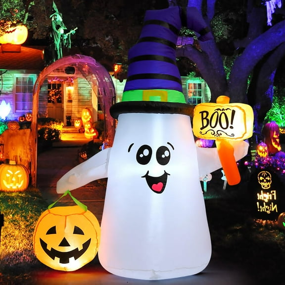 GOOSH Halloween Inflatable 5 FT Blow Up Ghost Inflatable with Pumpkin, Halloween Inflatables Ghost Cute Outdoor Ghost Decorations, Halloween Blow Up Decorations Clearance for Holiday/Garden/Lawn