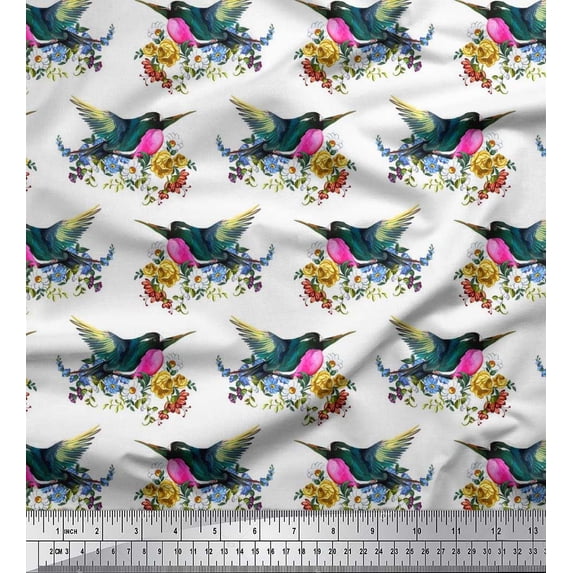 Soimoi White Cotton Poplin Fabric Leaves,Floral & American Robin Bird Print Fabric by The Yard 56 Inch Wide