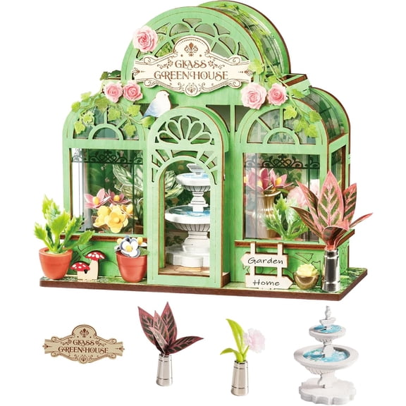 Rolife Green Garden DIY Miniature House Kit, 3D Wooden Puzzle Bookshelf Decor, Mini Building Set with Light, Creative Craft Gift for Adults Women Teen