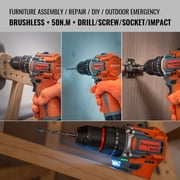 Brushless Cordless Drill Set, 16V 4-in-1 Electric Drill Driver with Impact Function, 50 N.m Drill Kit with 36 Accessories, 2 Batteries, Metal Chuck, 35 Torque Settings & Toolbox