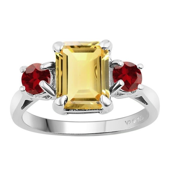 Sterling Silver Natural Citrine and Garnet Three Stone Ring
