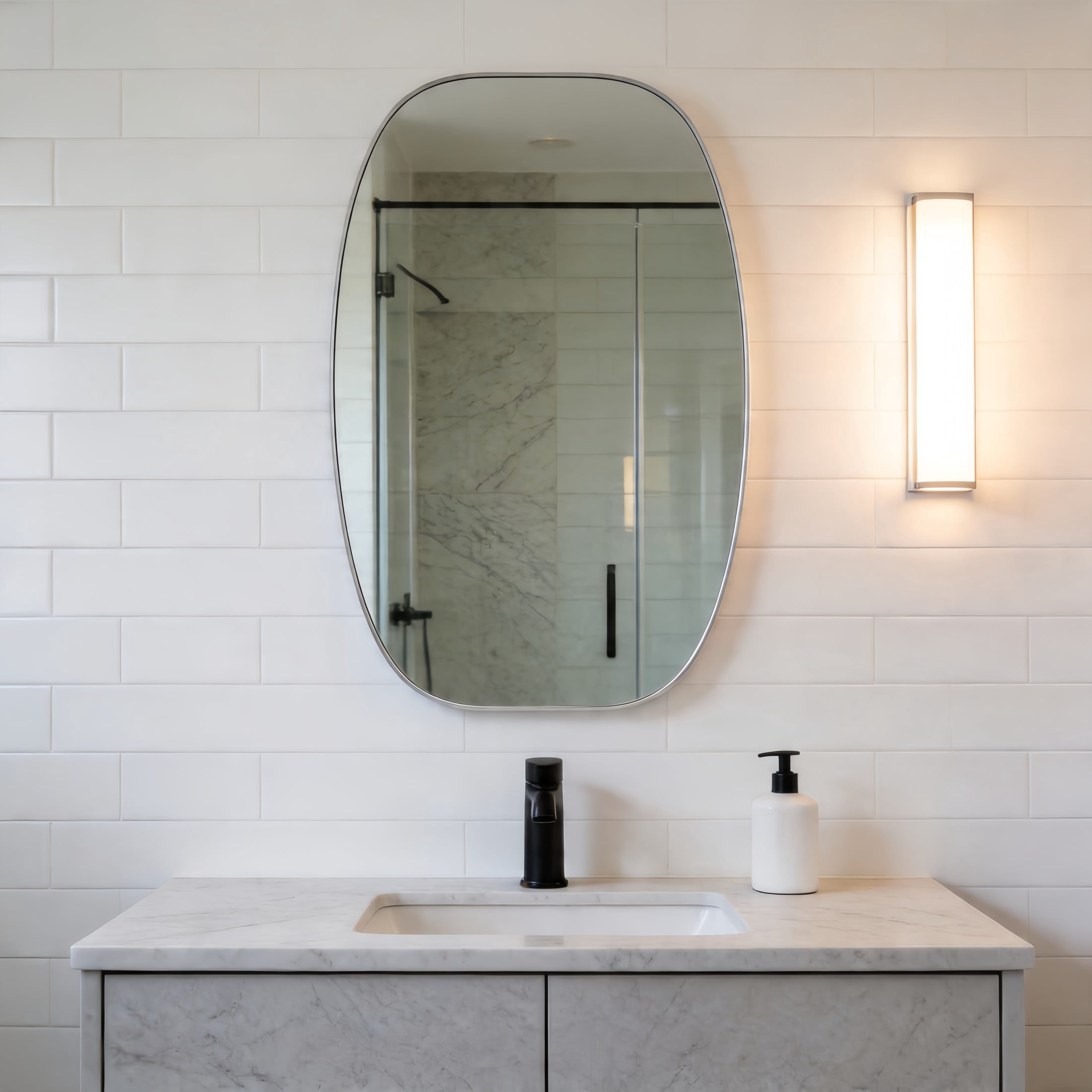 Noble House 30"x48" Unique Metal Framed Oval Wall Mirror, Modern Oblong Vanity Mirror for Bathroom & Entryway, Silver