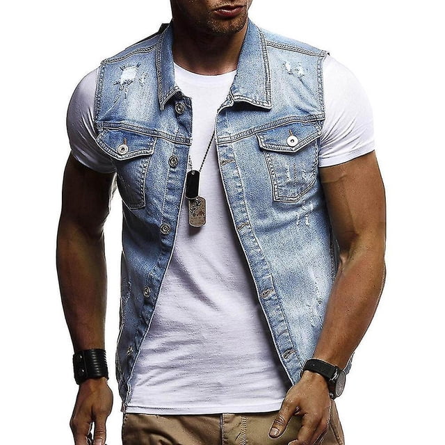 Chaleco de mezclilla Hombres Solapa Sin mangas Slim Fit Casual Jean Chaleco