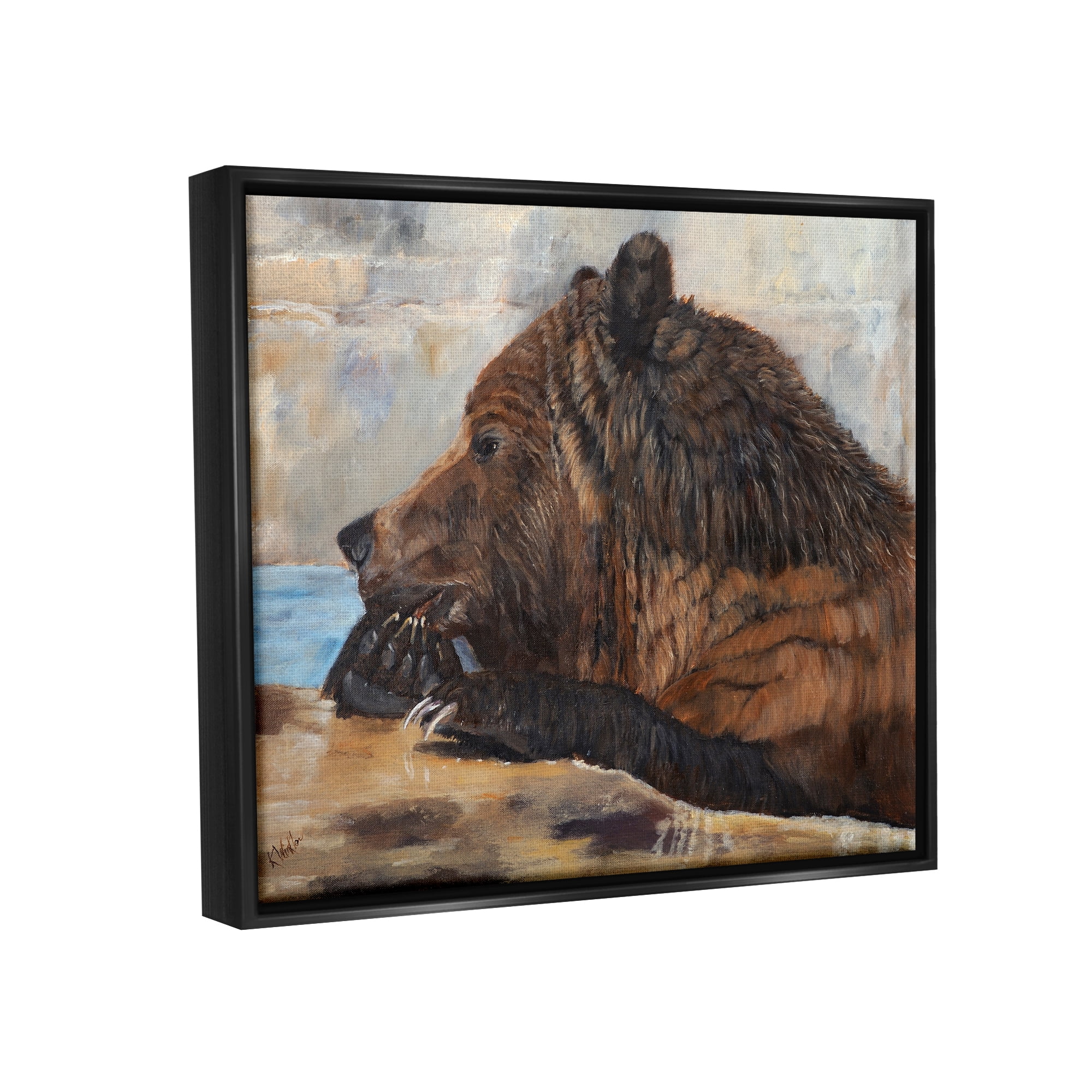 Stupell Brown Bear Wildlife Lake Animal Animals & Insects Painting Black Floater Framed Art Print Wall Art