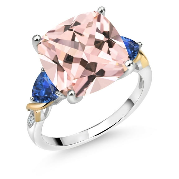 Gem Stone King 925 Silver and 10K Yellow Peach Nano Morganite and Blue Created Sapphire and Diamond Ring for Women (8.61 Cttw, 12MM Cushion and 5mm Trillion) (Size 9)