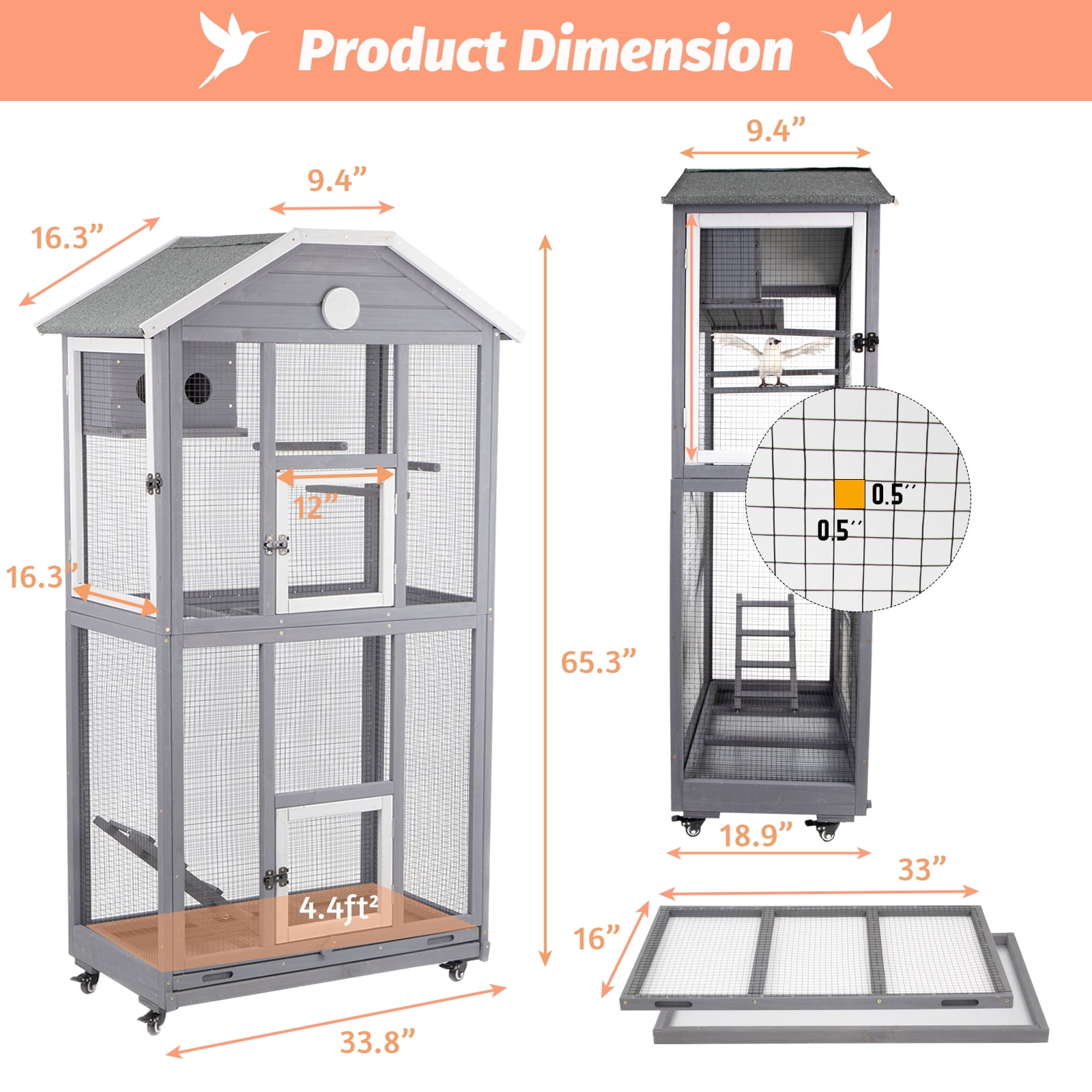 PETSCOSSET 65" Outdoor Bird Aviary,  Wooden Bird Cage on Wheels