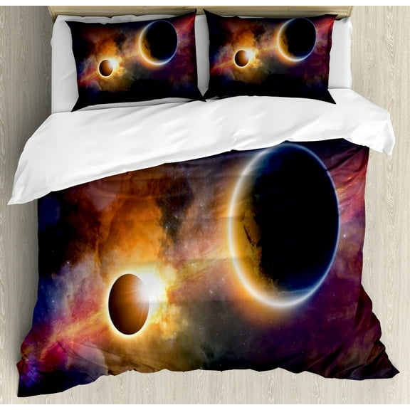 Outer Space Duvet Cover Set Queen Size, Planet in Milky Way Dark Nebula Gas Cloud Celestial Solar Eclipse Galaxy Theme, Decorative 3 Piece Bedding Set with 2 Pillow Shams, Multicolor, by Ambesonne