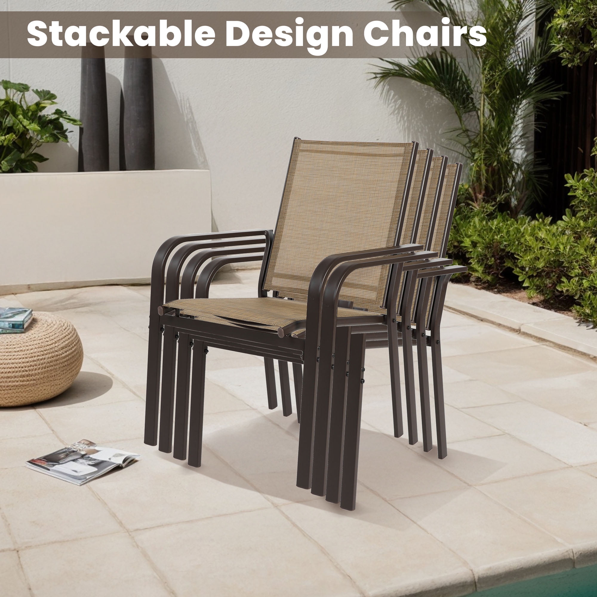 7-Piece Outdoor Dining Table Set, Patio Dining Table Set for 6, Patio Furniture Outdoor Table and Textilene Chairs, HDPE Tabletop, Reinforced Frame, Brown