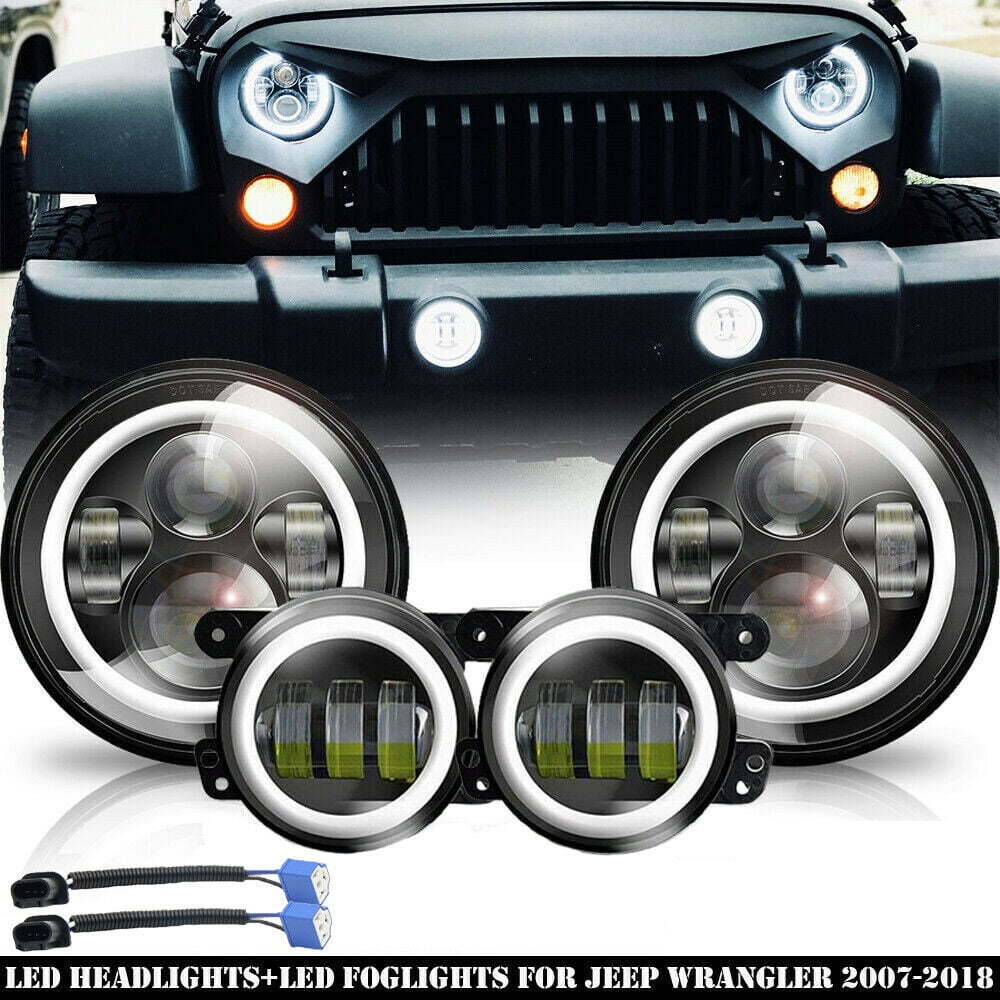 7/" 60W LED Headlights Angel Eyes Fog Lights Amber Signal for 07-17 Jeep Wrangler