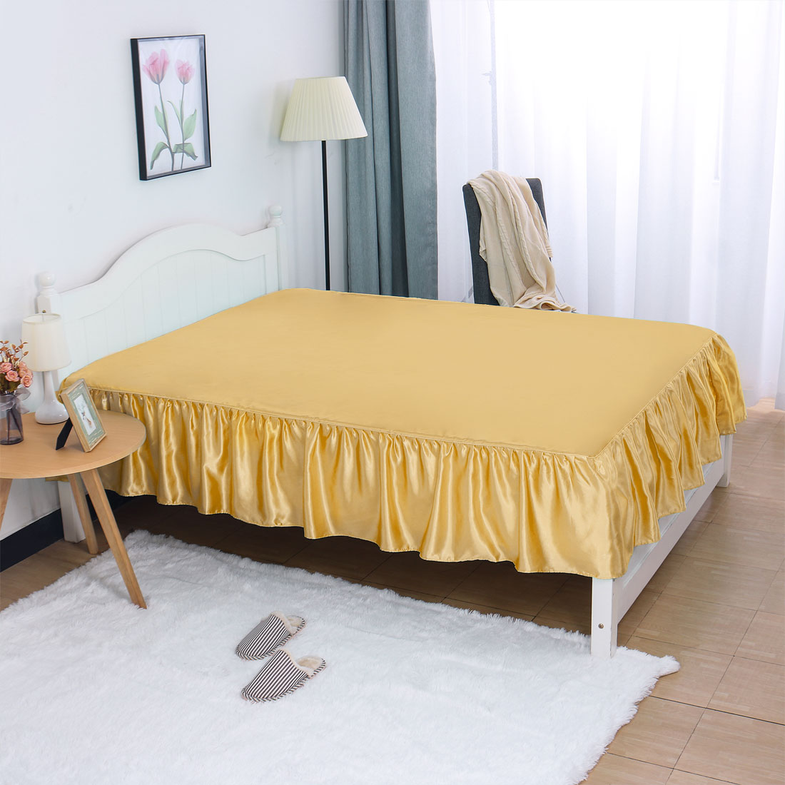 Unique Bargains Dust Ruffle Wrinkle Free Bed Skirt Gold Tone Queen 14