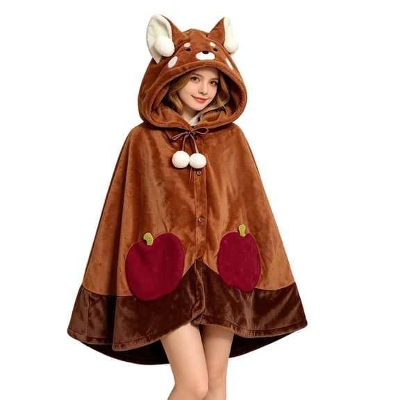Women Cute Animal Hooded Throw Poncho Blanket, Soft Fuzzy Plush Button‑Front Wearable Cape Shawl with Apple Pockets Fall Winter Outfits for Women(Brown,One Size)