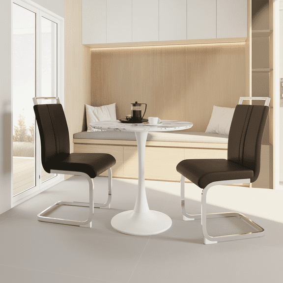 Set of 2 Modern Dining Chairs, High Back PU Faux Leather Upholstered Chair with Glossy Chromed Legs for Dining Room & Office