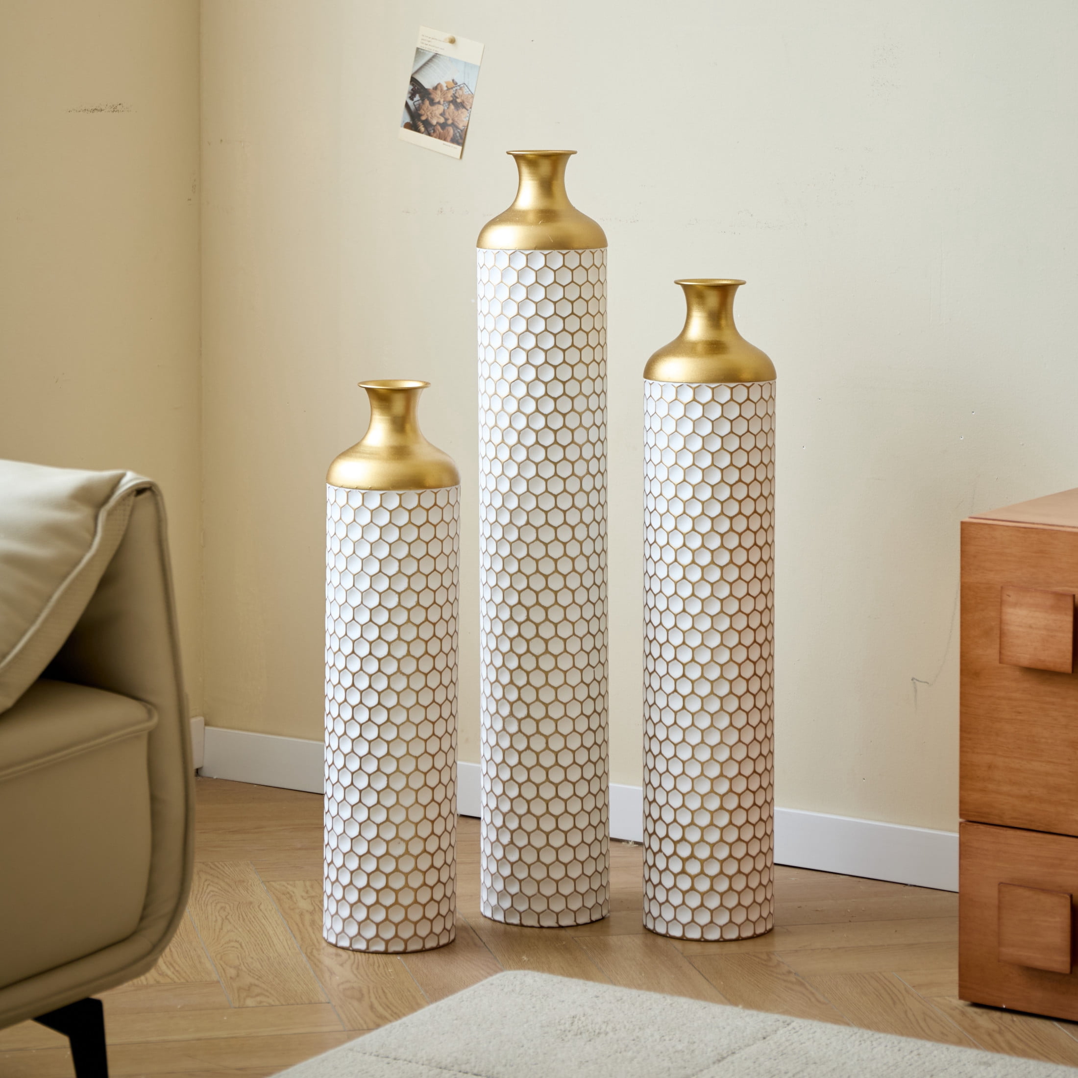 Noble House 3-Piece Metal Floor Vase Set, Textured Honeycomb Pattern, Gold + White