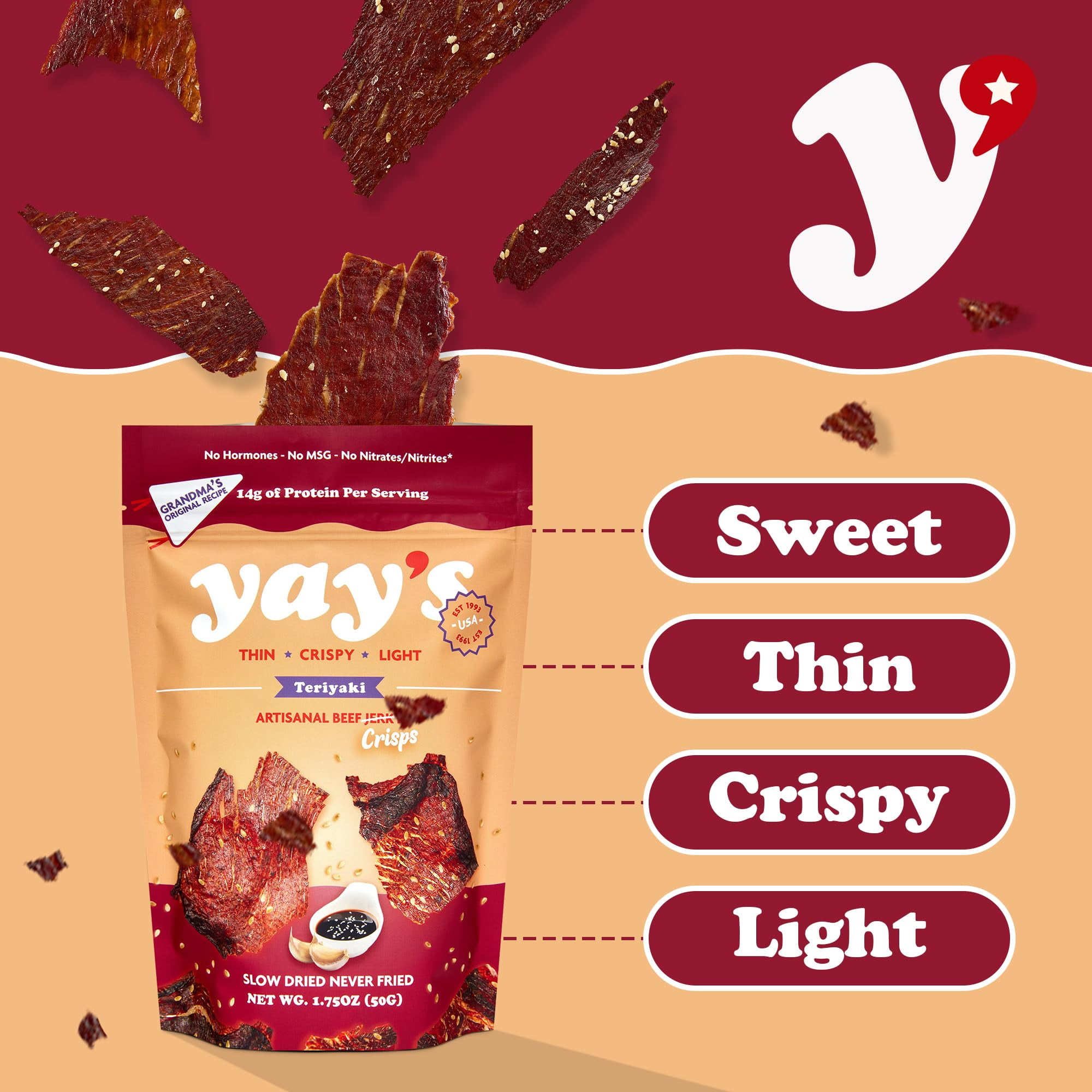 Yay's Snacks Sweet & Savory Beef Crisps, High-Protein Ready-to-Eat Crispy Crunchy Chipped beef, Teriyaki Beef Jerky with 28g Protein per Bag, Non-GMO Healthy Meat Snack, USA-Made pack of 3 (1.75 oz)