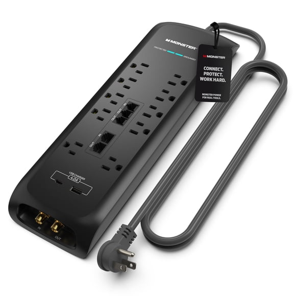 Monster Power Surge Protector w/ 4050 Joule Rating — Heavy Duty 6 FT Surge Protector Power Strip w/ 10 Outlets, 2 USB, 2 Coax, 2 Ethernet Ports