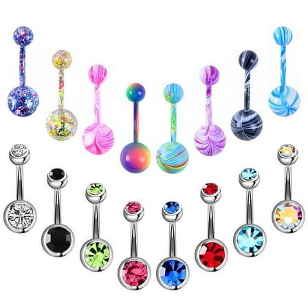 DESIGNICE 16 Pcs Stainless Steel Double Rhinestone Belly Button Color Navel Ring Set