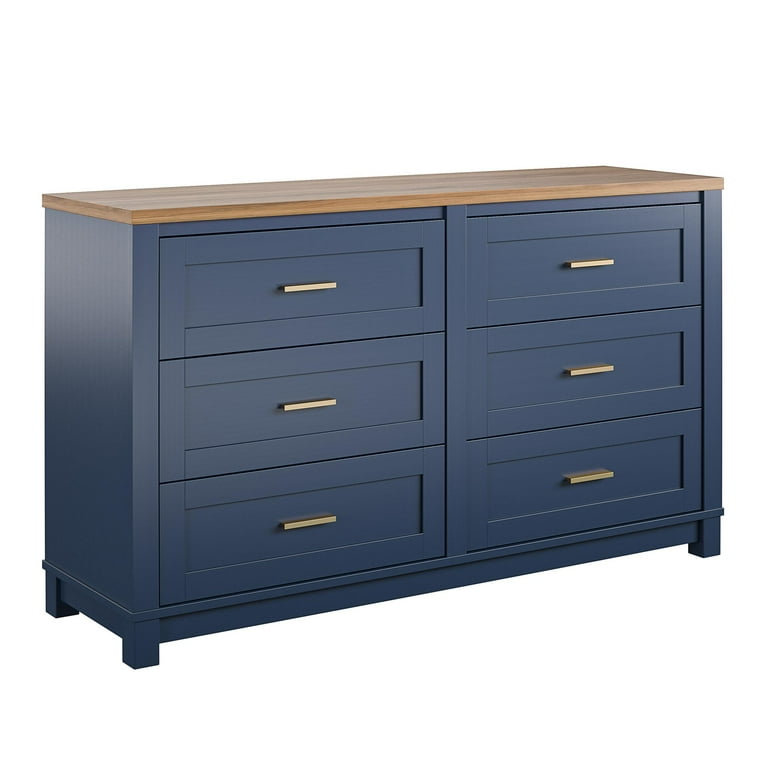 Ameriwood Home Langley Bay 6-Drawer Wide Dresser, Navy with Walnut