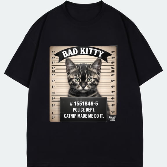 Crewneck T-Shirt Black Bad Kitty Mugshot Cat Print With Police Department Text And Catnip Made Me Do It Slogan For Casual Wear And Fun Outfits