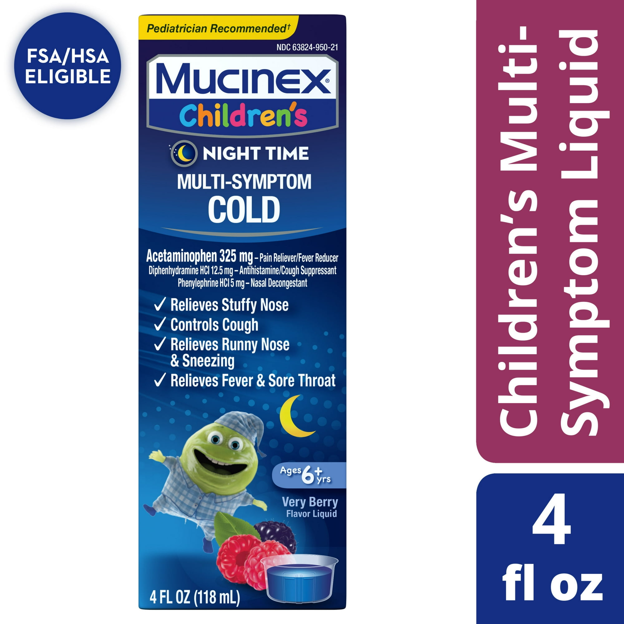 Mucinex,Children's Night Time, Multi-Symptom Cold Relief, Mixed Berry Flavor, 4fl oz, Plastic Bottle