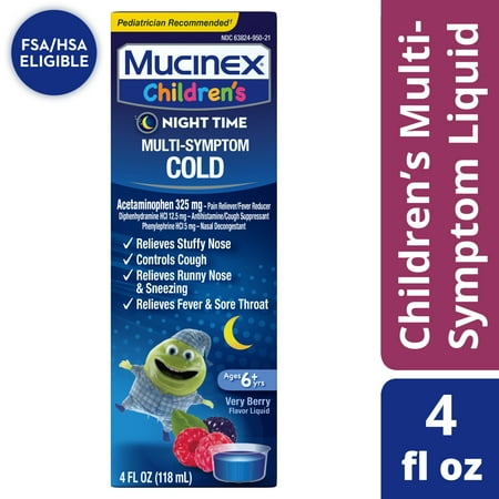Mucinex,Children's Night Time, Multi-Symptom Cold Relief, Mixed Berry Flavor, 4fl oz, Plastic Bottle