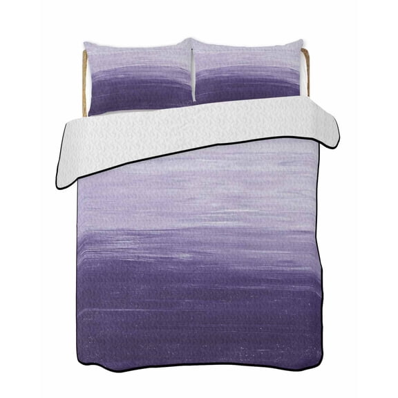 Purple Ombre Summer Quilt Set Queen Size, Soft Microfiber Quilted Bedding Set with 2 Pillow Shams, Modern Abstract Art Ocean Oil Painting Lightweight All Season Bedspread Coverlet for Bedroom 90"x96"