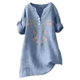thumbnail image 5 of Craaazy Women's Embroidered Cotton Linen Blouse, V-Neck Short Sleeve Henley Top for Summer Beach Vacation, Casual Everyday Wear Gifts, 5 of 7