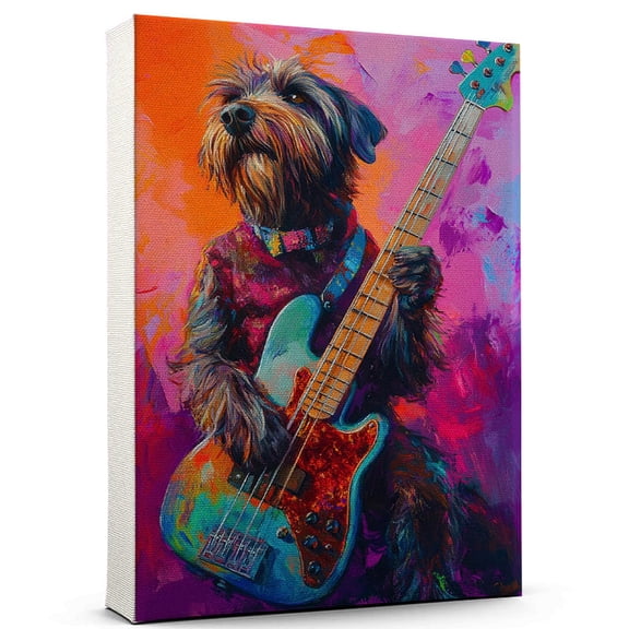 Wirehaired Pointing Griffon Dog Playing Bass Guitar Stretched Canvas Size 8x12 – Vintage Style Wirehaired Pointing Griffon Dog Art for Bass Guitar Fans, Great Gift for Dog Owners