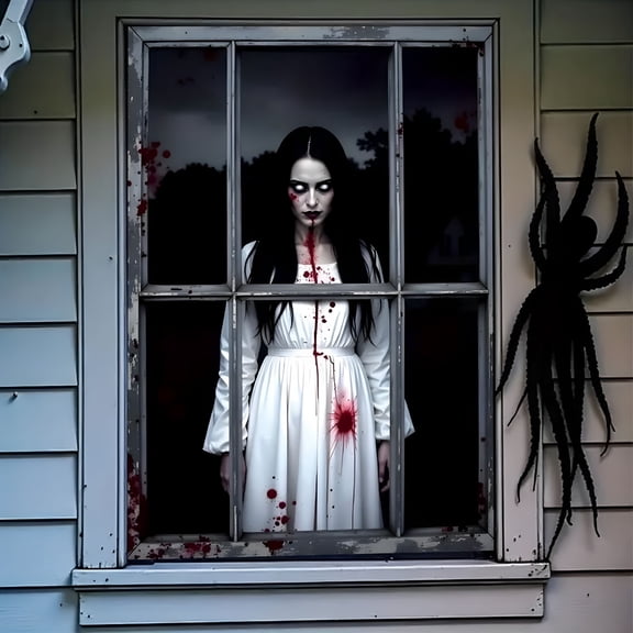 AUQ Halloween Ghost Window Decal Scary Woman Door Curtain Party Decor-Reusable Hanging Fabric Spooky Atmosphere Creator