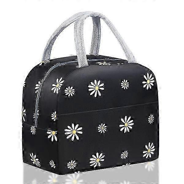 Lunch Bags Insulated Lunch Cooler Bags with Front Pocket Portable Thermal Leakproof for Men Adults Girls Kids Work Outdoor Picnic (Black-Daisy)