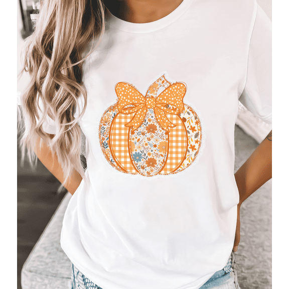Women’s Fall Graphic T-Shirt, Pumpkin with Bow and Floral Print, Cotton Short Sleeve, S-4XL