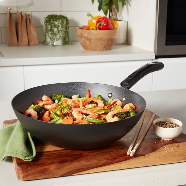 30cm Wok Antiadhésif avec Couvercle, Wok Induction Sans Revêtement 30cm Wok Antiadhésif avec Couvercle, Wok Induction Sans Revêtement