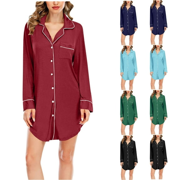 Fartey Womens Satin Nightgown Button Down Notch Collar Sleepshirt Loose Casual Long Sleeve Nightshirt Boyfriend Sleepwear with Pockets Black M