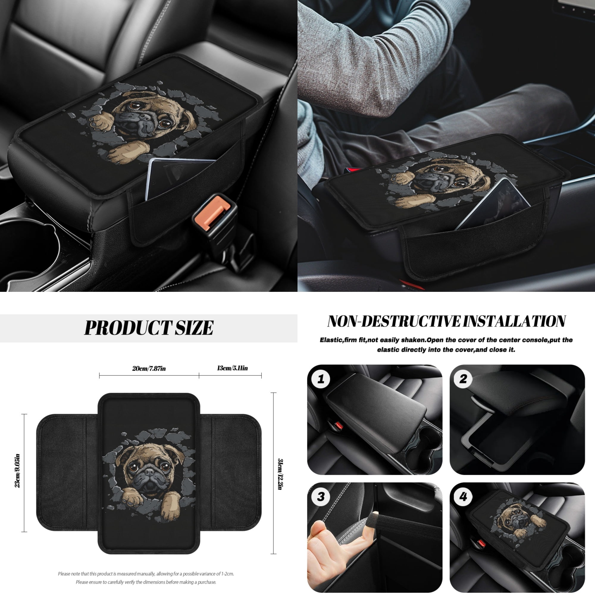 Yuyamidu 3D Pug Car Seat Cover Set of 14 Black Steering Wheel Cover Seat Belt Pads Waste Basket Bin Rearview Mirror Cover Cup Holder Cute Center Console Cover Handbrake Cover Gear Shift Cover
