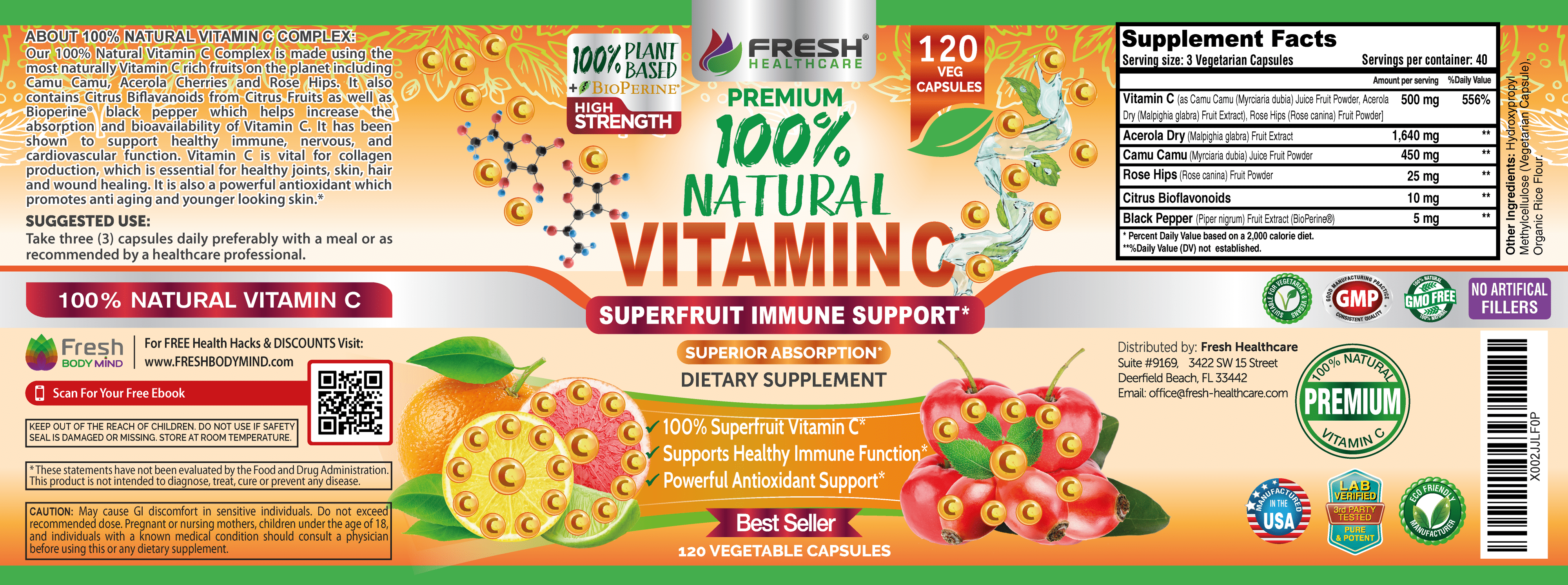 Natural Vitamin C - 100% from Rose Hips, Acerola Cherry and Camu Camu Superfruit 500mg - High Absorption - Immune Support, Skin, Joint and Collagen Booster with Citrus Biflavanoids - 120 Capsules