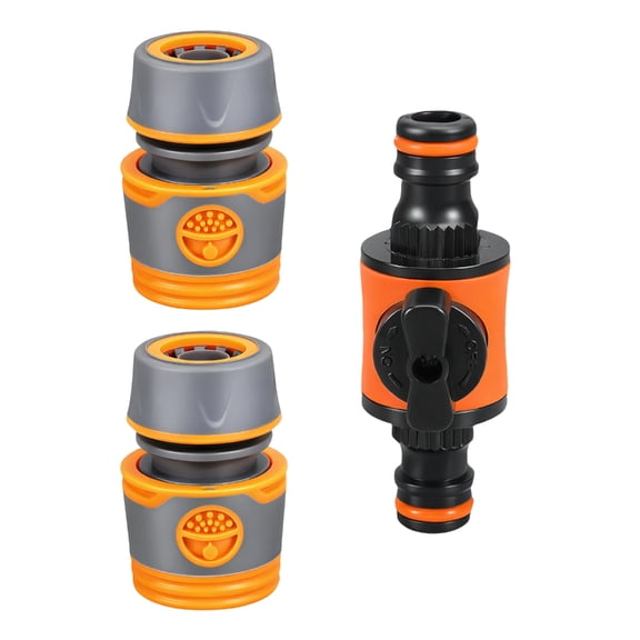 Quick Connection Garden Hose Fitting Set 2 Female Couplers 1 Double Shutoff Valves Nonslip Surfaces for Outdoor Watering