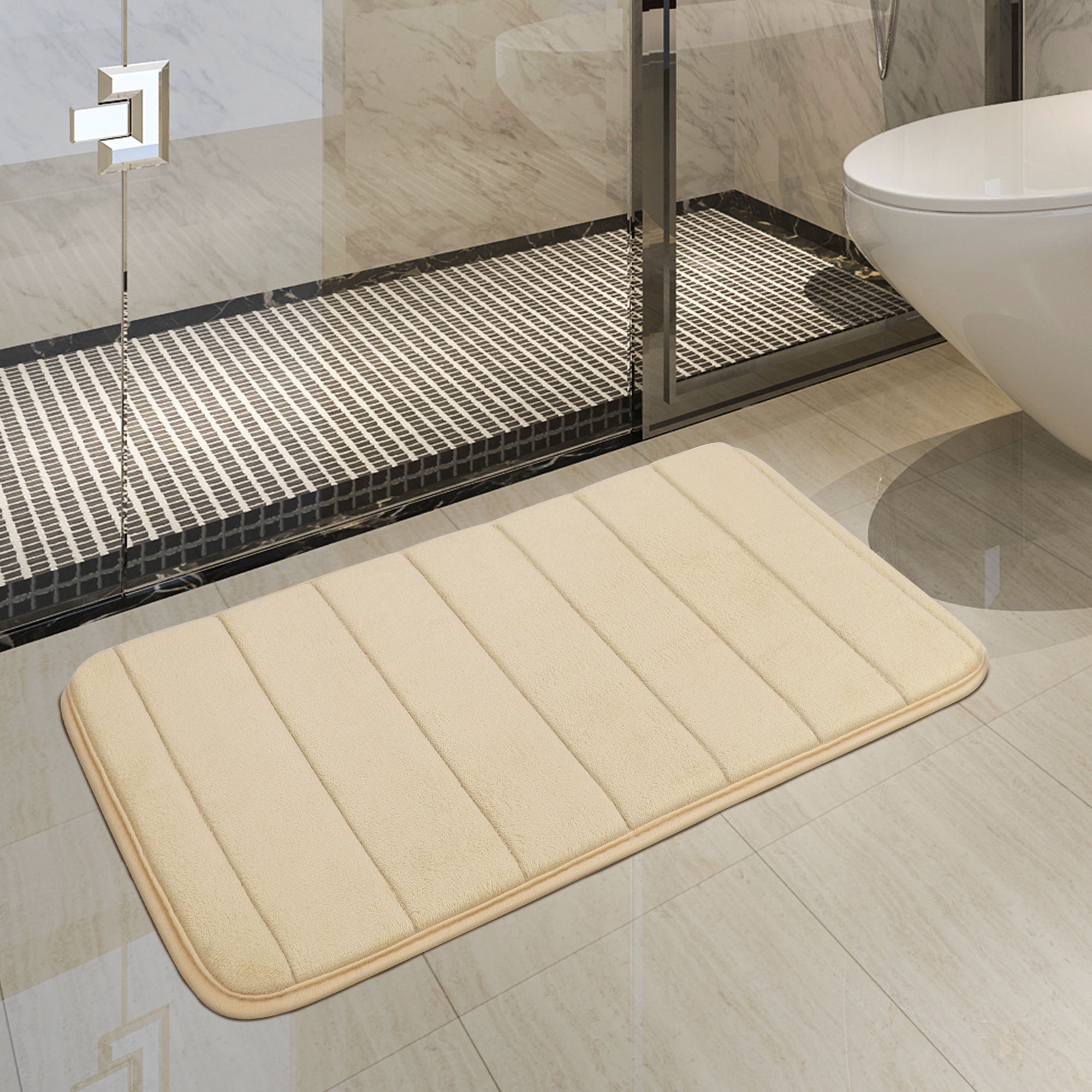 REGALWOVEN 2Pcs Memory Foam Bath Mat Non Skid Velvet Absorb Water Bath Rug  for Bathroom Kitchen Soft Carpet Beige