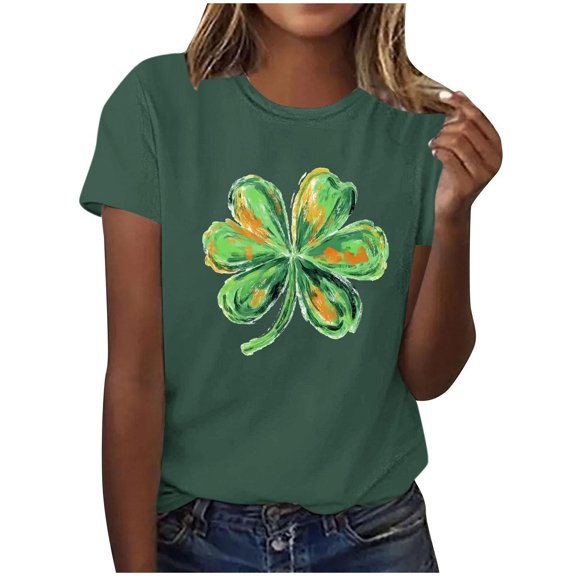 Womens St Patricks Day T Shirt Artistic Shamrock Graphic Tees Short Sleeve Black Tops Painted Clover Casual Blouse