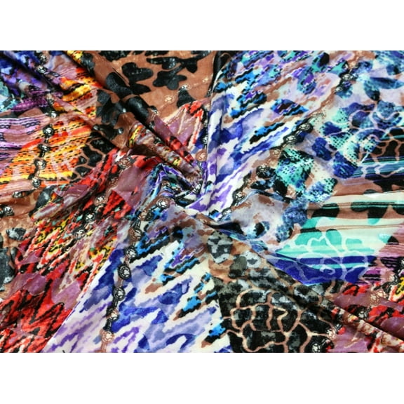 Abstract Print Burn Out Velour Dress Fabric Multicoloured - per yard