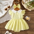 thumbnail image 4 of Baby Girls Jumpsuit Short Sleeve Peter Pan Collar Romper Dress Smocked Bodice Bee Embroidery Matching Bow Headband Set For Infant Holiday Daily Wear, 4 of 8