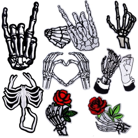 9 PCS Goth Embroidered Iron-On Patches for Clothes Skull Patch Holding Rose Skeleton Hand Punk for Clothes Backpack Hat Jackets Black and White Patches