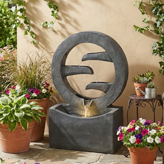 Christopher Knight Home 26.77" Outdoor Circular Fountain with LED Light, Cascading Water Feature, Gray