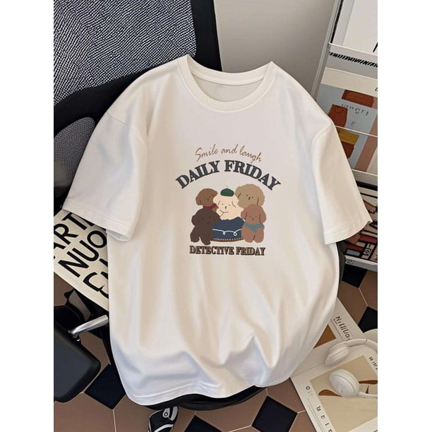 Camiseta de algodón para hombre, talla regular, con estampado de perro divertido, informal, de verano, holgada, 220 g/m², blanca, con diseño "Smile and Laugh Daily Friday"