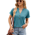 thumbnail image 3 of Camisetas de Mujer Modernas con Cuello en V y Botones, de Corta, Informales, Básicas, Holgadas Azul Pavo Real XL, 3 of 10