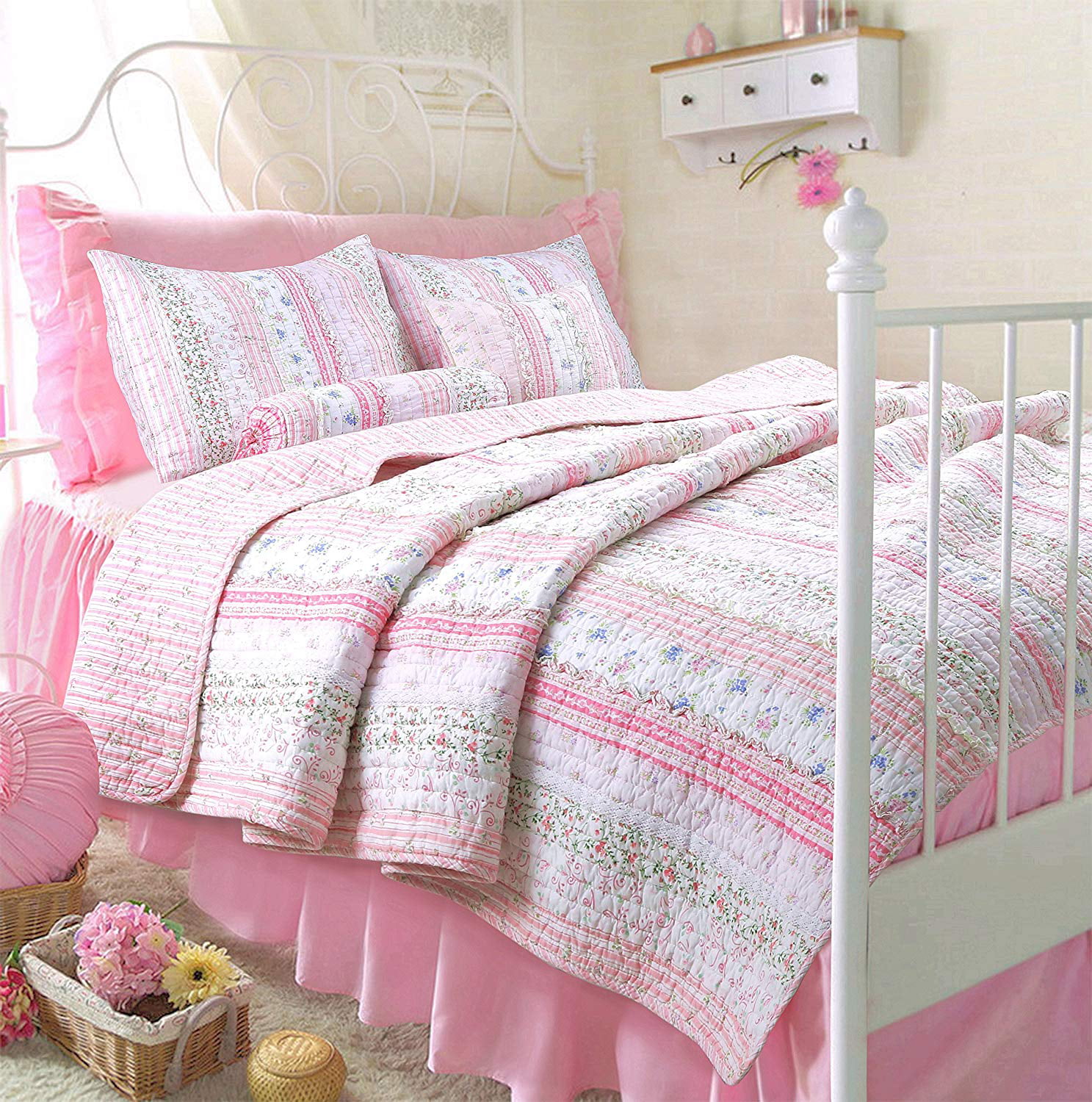 Queen Quilt Set Cottage Chic Lelia Pink Rose Floral Cotton Bedding 