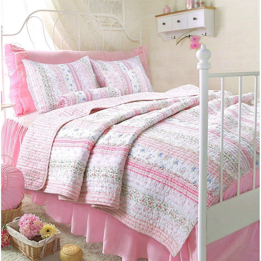 Cozy Line Pink Rose Blue Flower Floral Printed Lace Stripe 100 Cotton Reversible Bedding Quilt
