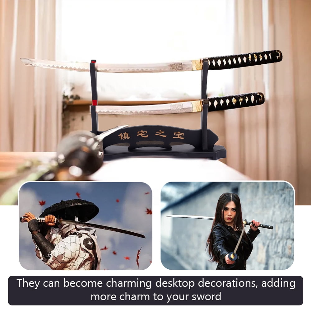 2-Tier Wooden Katana Holder Stand Bracket Samurai Display Easels with Chinese Character Black 9.9x39x26cm