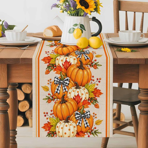 Kitchen Table Runner 70 Inches Long, Thanksgiving Orange Pumpkin Fall Maple Leaves Cotton Linen Table Runners for Dining Tables Home Holiday Party Wedding, Retro Linen Tabletop Scarf
