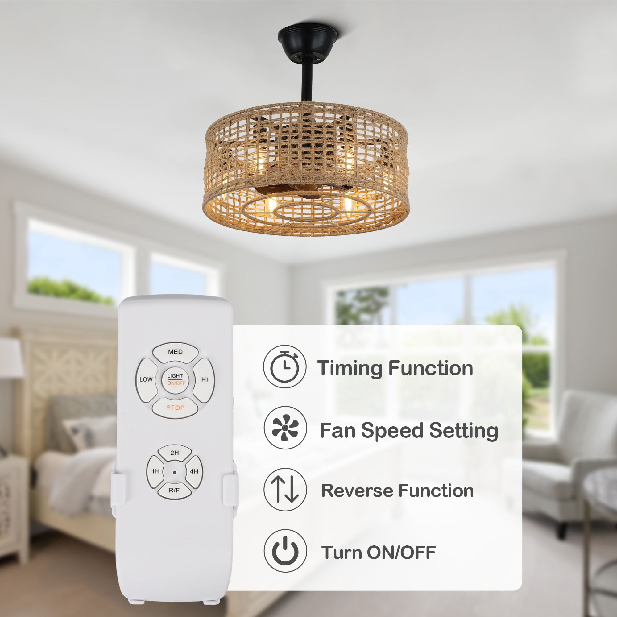 Chords Attic Boho Farmhouse Woven Hemp Rope Caged Ceiling Fan with Lights and Remote Control, 3 Speeds, 6-Light Fandelier for Bedroom, Living Room, Kitchen