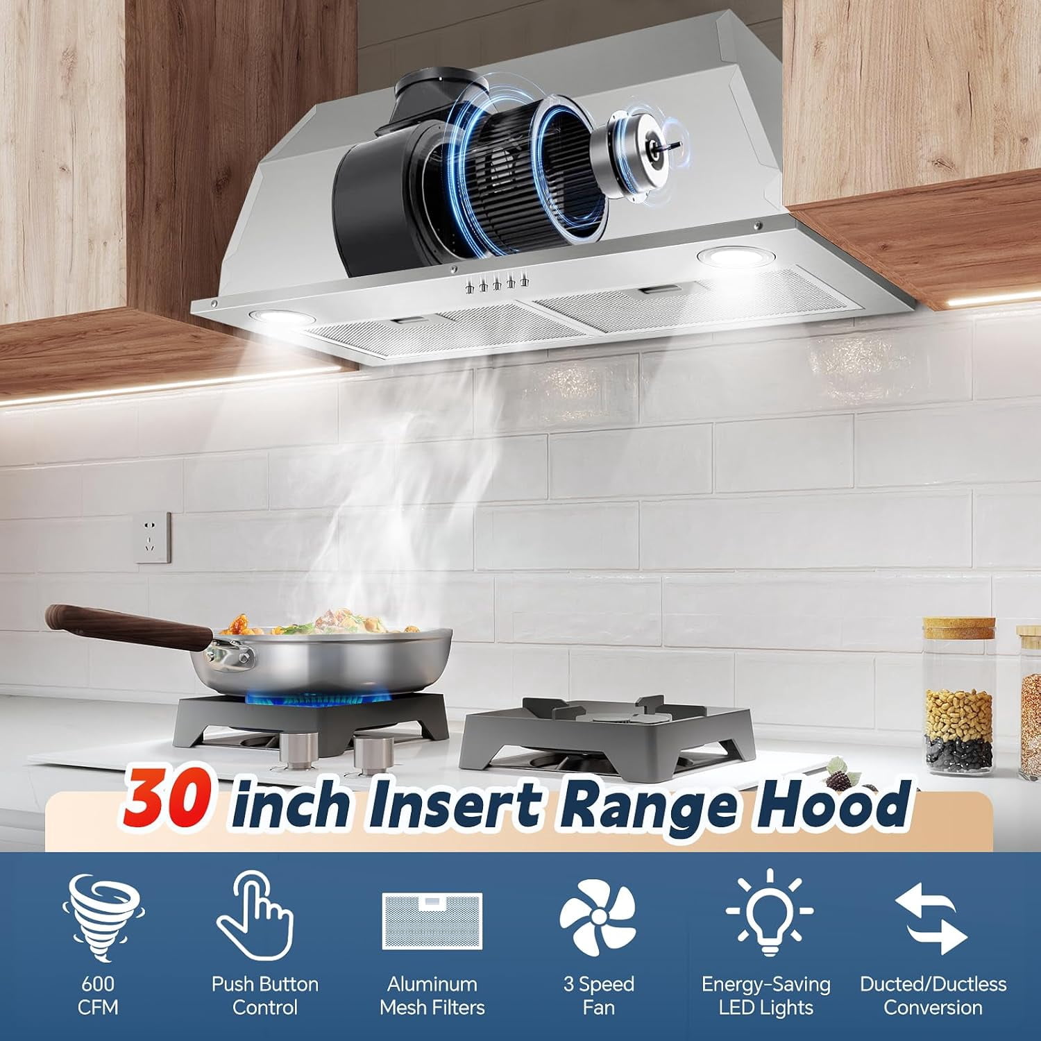 30 inch Built in Range Hood Stainless Steel 600 CFM Integrated Range hood Kitchen Cooking Vented Hoods